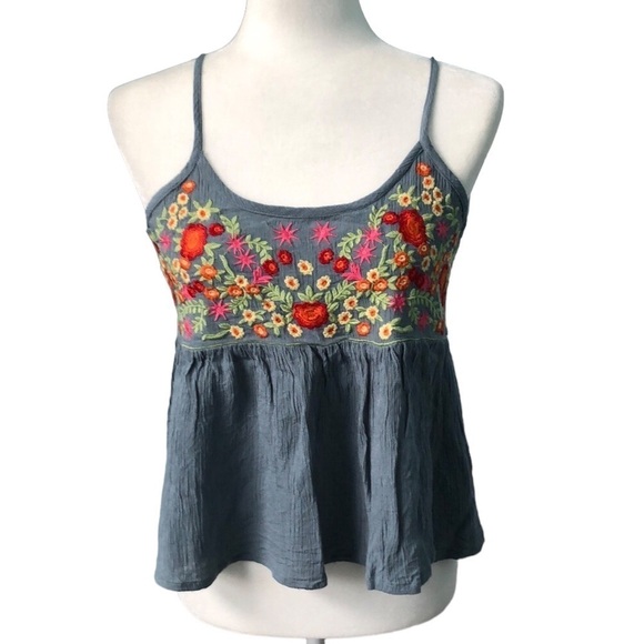 Sim & Sam Tops - Sim & Sam Floral Embroidered Flowy Dusty Blue Boho Tank Top Size Medium